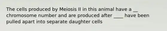 The cells produced by Meiosis II in this animal have a __ chromosome number and are produced after ____ have been pulled apart into separate daughter cells