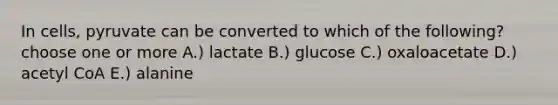 In cells, pyruvate can be converted to which of the following? choose one or more A.) lactate B.) glucose C.) oxaloacetate D.) acetyl CoA E.) alanine