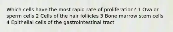 Which cells have the most rapid rate of proliferation? 1 Ova or sperm cells 2 Cells of the hair follicles 3 Bone marrow stem cells 4 Epithelial cells of the gastrointestinal tract