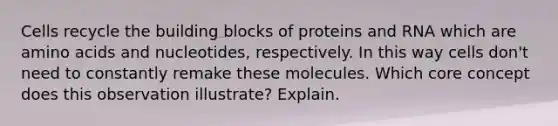 Cells recycle the building blocks of proteins and RNA which are amino acids and nucleotides, respectively. In this way cells don't need to constantly remake these molecules. Which core concept does this observation illustrate? Explain.