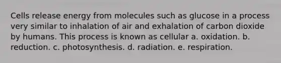 Cells release energy from molecules such as glucose in a process very similar to inhalation of air and exhalation of carbon dioxide by humans. This process is known as cellular a. oxidation. b. reduction. c. photosynthesis. d. radiation. e. respiration.