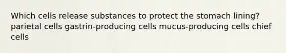 Which cells release substances to protect the stomach lining? parietal cells gastrin-producing cells mucus-producing cells chief cells