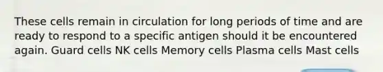 These cells remain in circulation for long periods of time and are ready to respond to a specific antigen should it be encountered again. Guard cells NK cells Memory cells Plasma cells Mast cells