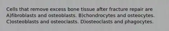 Cells that remove excess bone tissue after fracture repair are A)fibroblasts and osteoblasts. B)chondrocytes and osteocytes. C)osteoblasts and osteoclasts. D)osteoclasts and phagocytes.