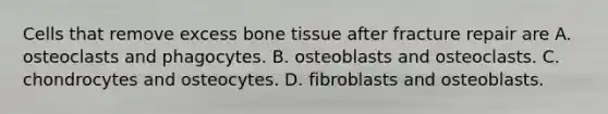 Cells that remove excess bone tissue after fracture repair are A. osteoclasts and phagocytes. B. osteoblasts and osteoclasts. C. chondrocytes and osteocytes. D. fibroblasts and osteoblasts.