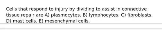 Cells that respond to injury by dividing to assist in connective tissue repair are A) plasmocytes. B) lymphocytes. C) fibroblasts. D) mast cells. E) mesenchymal cells.