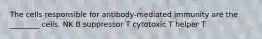 The cells responsible for antibody-mediated immunity are the ________ cells. NK B suppressor T cytotoxic T helper T