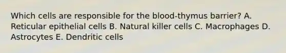 Which cells are responsible for the blood-thymus barrier? A. Reticular epithelial cells B. Natural killer cells C. Macrophages D. Astrocytes E. Dendritic cells