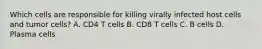 Which cells are responsible for killing virally infected host cells and tumor cells? A. CD4 T cells B. CD8 T cells C. B cells D. Plasma cells