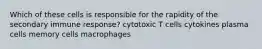 Which of these cells is responsible for the rapidity of the secondary immune response? cytotoxic T cells cytokines plasma cells memory cells macrophages