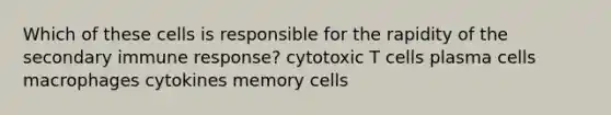 Which of these cells is responsible for the rapidity of the secondary immune response? cytotoxic T cells plasma cells macrophages cytokines memory cells