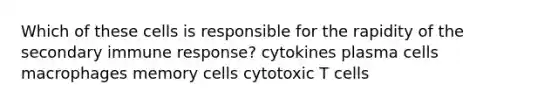 Which of these cells is responsible for the rapidity of the secondary immune response? cytokines plasma cells macrophages memory cells cytotoxic T cells