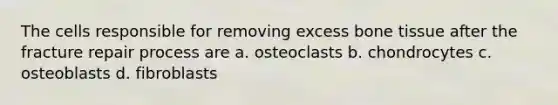 The cells responsible for removing excess bone tissue after the fracture repair process are a. osteoclasts b. chondrocytes c. osteoblasts d. fibroblasts