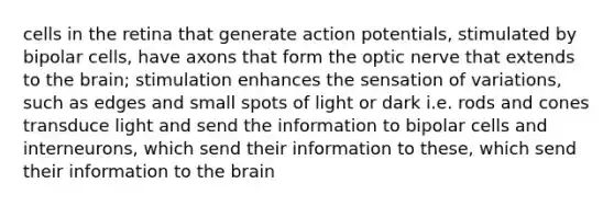 cells in the retina that generate action potentials, stimulated by bipolar cells, have axons that form the optic nerve that extends to the brain; stimulation enhances the sensation of variations, such as edges and small spots of light or dark i.e. rods and cones transduce light and send the information to bipolar cells and interneurons, which send their information to these, which send their information to the brain