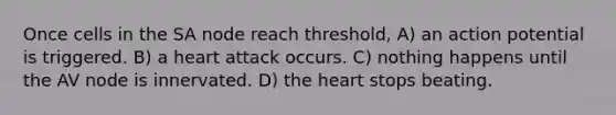 Once cells in the SA node reach threshold, A) an action potential is triggered. B) a heart attack occurs. C) nothing happens until the AV node is innervated. D) the heart stops beating.