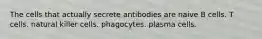 The cells that actually secrete antibodies are naive B cells. T cells. natural killer cells. phagocytes. plasma cells.