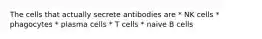 The cells that actually secrete antibodies are * NK cells * phagocytes * plasma cells * T cells * naive B cells