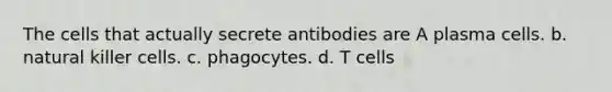 The cells that actually secrete antibodies are A plasma cells. b. natural killer cells. c. phagocytes. d. T cells