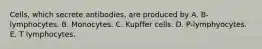 Cells, which secrete antibodies, are produced by A. B-lymphocytes. B. Monocytes. C. Kupffer cells. D. P-lymphyocytes. E. T lymphocytes.