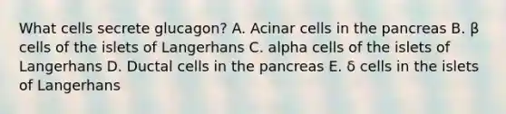 What cells secrete glucagon? A. Acinar cells in the pancreas B. β cells of the islets of Langerhans C. alpha cells of the islets of Langerhans D. Ductal cells in the pancreas E. δ cells in the islets of Langerhans