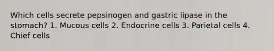 Which cells secrete pepsinogen and gastric lipase in the stomach? 1. Mucous cells 2. Endocrine cells 3. Parietal cells 4. Chief cells