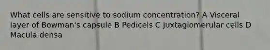 What cells are sensitive to sodium concentration? A Visceral layer of Bowman's capsule B Pedicels C Juxtaglomerular cells D Macula densa