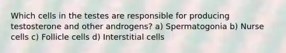 Which cells in the testes are responsible for producing testosterone and other androgens? a) Spermatogonia b) Nurse cells c) Follicle cells d) Interstitial cells