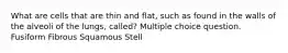What are cells that are thin and flat, such as found in the walls of the alveoli of the lungs, called? Multiple choice question. Fusiform Fibrous Squamous Stell