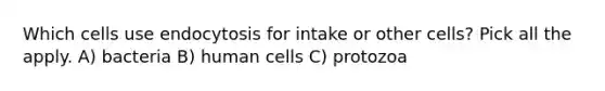 Which cells use endocytosis for intake or other cells? Pick all the apply. A) bacteria B) human cells C) protozoa