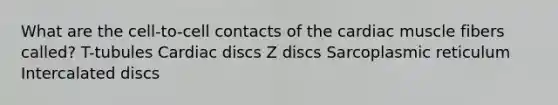 What are the cell-to-cell contacts of the cardiac muscle fibers called? T-tubules Cardiac discs Z discs Sarcoplasmic reticulum Intercalated discs