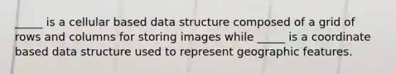 _____ is a cellular based data structure composed of a grid of rows and columns for storing images while _____ is a coordinate based data structure used to represent geographic features.