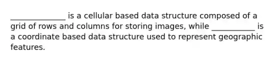 ______________ is a cellular based data structure composed of a grid of rows and columns for storing images, while ___________ is a coordinate based data structure used to represent geographic features.