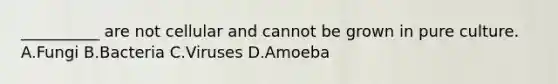 __________ are not cellular and cannot be grown in pure culture. A.Fungi B.Bacteria C.Viruses D.Amoeba