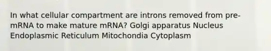 In what cellular compartment are introns removed from pre-mRNA to make mature mRNA? Golgi apparatus Nucleus Endoplasmic Reticulum Mitochondia Cytoplasm