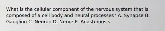 What is the cellular component of the nervous system that is composed of a cell body and neural processes? A. Synapse B. Ganglion C. Neuron D. Nerve E. Anastomosis