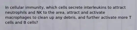 In cellular immunity, which cells secrete interleukins to attract neutrophils and NK to the area, attract and activate macrophages to clean up any debris, and further activate more T cells and B cells?