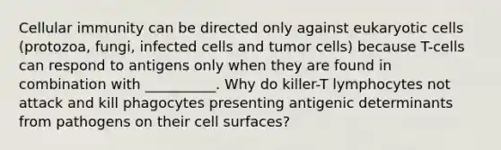 Cellular immunity can be directed only against eukaryotic cells (protozoa, fungi, infected cells and tumor cells) because T-cells can respond to antigens only when they are found in combination with __________. Why do killer-T lymphocytes not attack and kill phagocytes presenting antigenic determinants from pathogens on their cell surfaces?