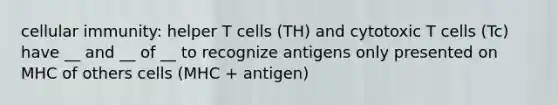 cellular immunity: helper T cells (TH) and cytotoxic T cells (Tc) have __ and __ of __ to recognize antigens only presented on MHC of others cells (MHC + antigen)