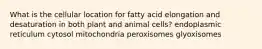 What is the cellular location for fatty acid elongation and desaturation in both plant and animal cells? endoplasmic reticulum cytosol mitochondria peroxisomes glyoxisomes