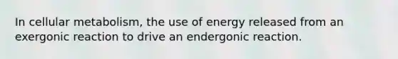 In cellular metabolism, the use of energy released from an exergonic reaction to drive an endergonic reaction.