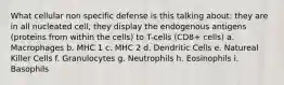 What cellular non specific defense is this talking about: they are in all nucleated cell, they display the endogenous antigens (proteins from within the cells) to T-cells (CD8+ cells) a. Macrophages b. MHC 1 c. MHC 2 d. Dendritic Cells e. Natureal Killer Cells f. Granulocytes g. Neutrophils h. Eosinophils i. Basophils