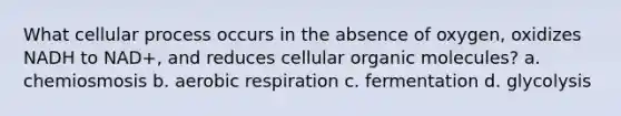 What cellular process occurs in the absence of oxygen, oxidizes NADH to NAD+, and reduces cellular organic molecules? a. chemiosmosis b. aerobic respiration c. fermentation d. glycolysis