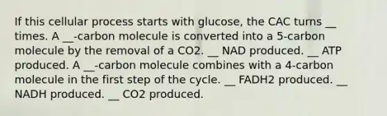 If this cellular process starts with glucose, the CAC turns __ times. A __-carbon molecule is converted into a 5-carbon molecule by the removal of a CO2. __ NAD produced. __ ATP produced. A __-carbon molecule combines with a 4-carbon molecule in the first step of the cycle. __ FADH2 produced. __ NADH produced. __ CO2 produced.