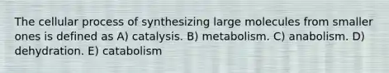 The cellular process of synthesizing large molecules from smaller ones is defined as A) catalysis. B) metabolism. C) anabolism. D) dehydration. E) catabolism