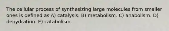 The cellular process of synthesizing large molecules from smaller ones is defined as A) catalysis. B) metabolism. C) anabolism. D) dehydration. E) catabolism.