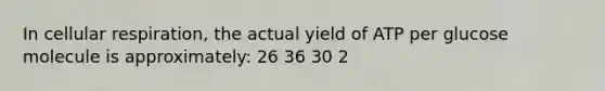 In cellular respiration, the actual yield of ATP per glucose molecule is approximately: 26 36 30 2
