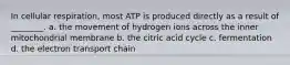 In cellular respiration, most ATP is produced directly as a result of ________. a. the movement of hydrogen ions across the inner mitochondrial membrane b. the citric acid cycle c. fermentation d. the electron transport chain