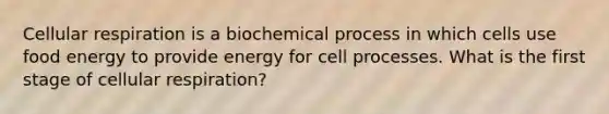 <a href='https://www.questionai.com/knowledge/k1IqNYBAJw-cellular-respiration' class='anchor-knowledge'>cellular respiration</a> is a biochemical process in which cells use food energy to provide energy for cell processes. What is the first stage of cellular respiration?