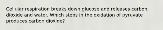 Cellular respiration breaks down glucose and releases carbon dioxide and water. Which steps in the oxidation of pyruvate produces carbon dioxide?