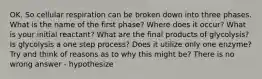 OK. So cellular respiration can be broken down into three phases. What is the name of the first phase? Where does it occur? What is your initial reactant? What are the final products of glycolysis? Is glycolysis a one step process? Does it utilize only one enzyme? Try and think of reasons as to why this might be? There is no wrong answer - hypothesize